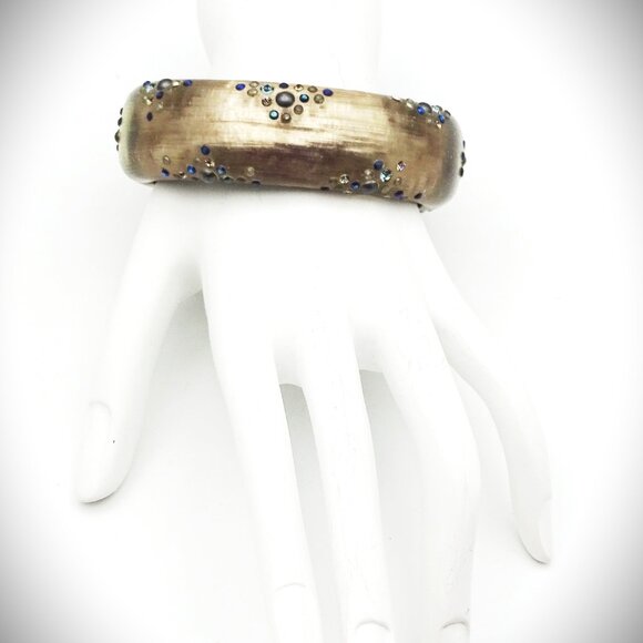ALEXIS BITTAR EUC Brown Lucite & Multi Color Crystals Hinged Bangle Bracelet - Picture 6 of 7